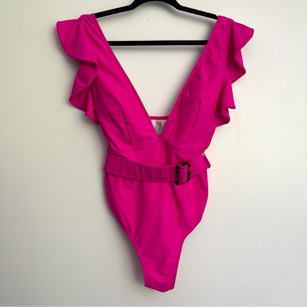 Hot Pink Ruffled Swimsuit with Belt Large